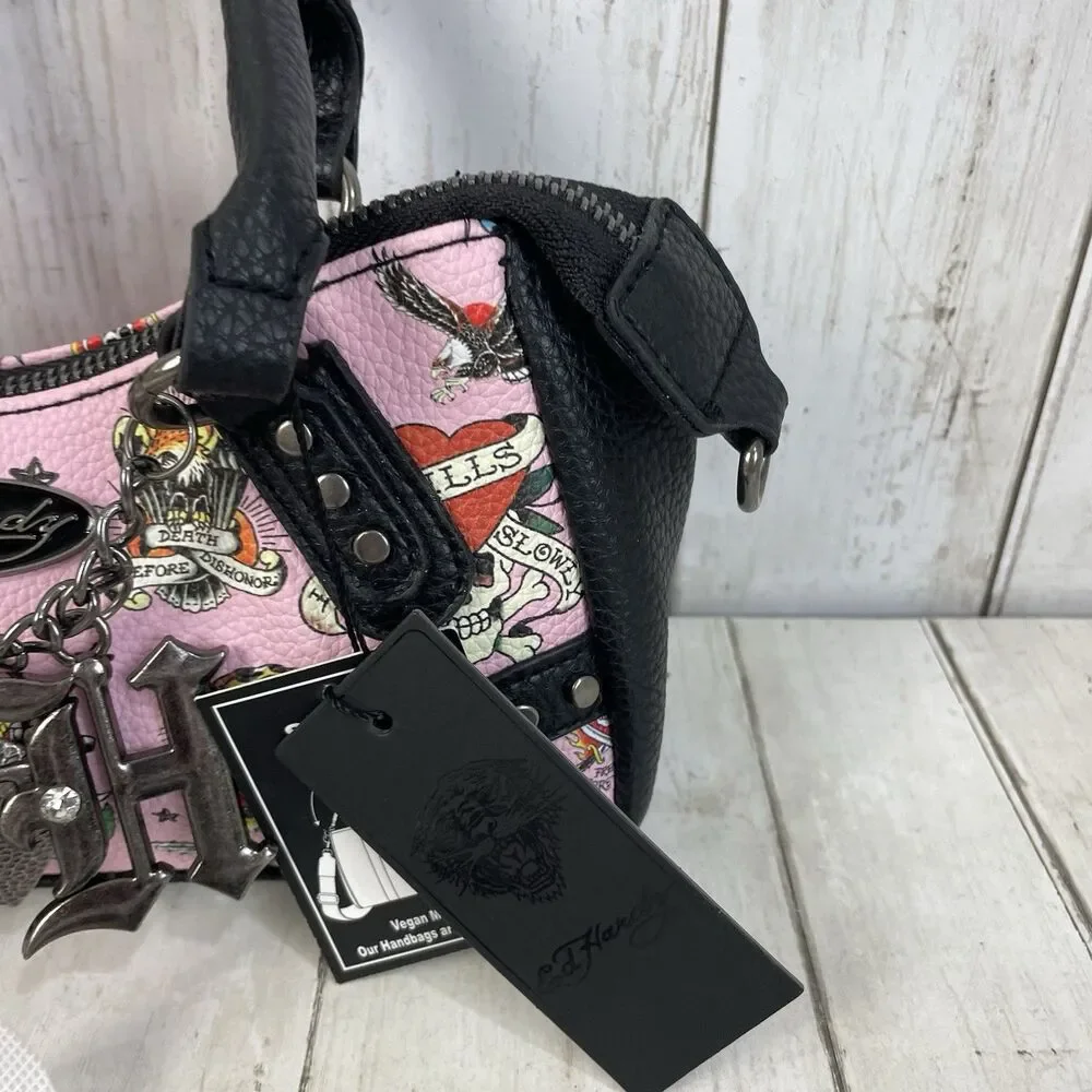 Ed Hardy Pink/Black Skull Tattoo Satchel Purse Studded Embroidered Zip Charm NWT